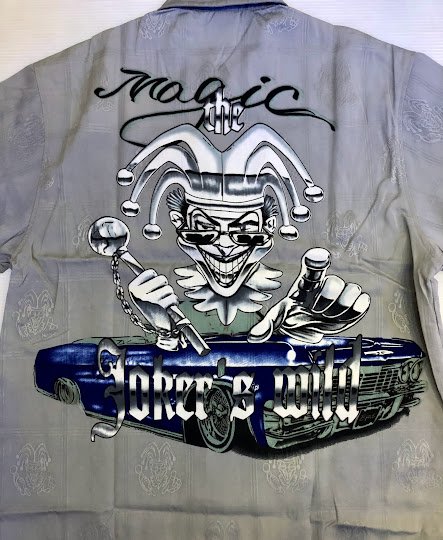 BH38)CRUIZIN LOW JOKER'S WILD柄半袖シャツ/GREY/ ウエッサイ チカーノ ローライダー/M/L/XL/B系 -  DR.JAK