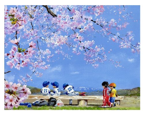 手彩版画 桜満開 出番のないベンチシリーズ