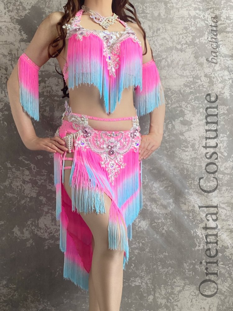 ベリーダンス衣装 ピンク&ブルーフリンジ CT0178 (ML) - bachata 