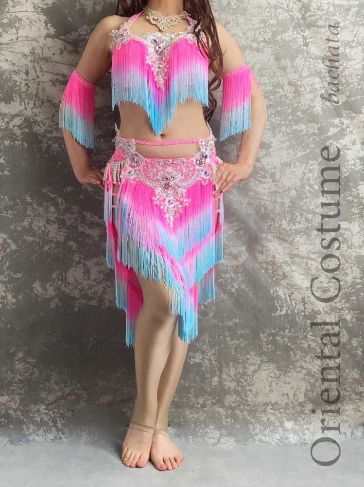 ベリーダンス衣装 ピンク&ブルーフリンジ CT0178 (ML) - bachata 