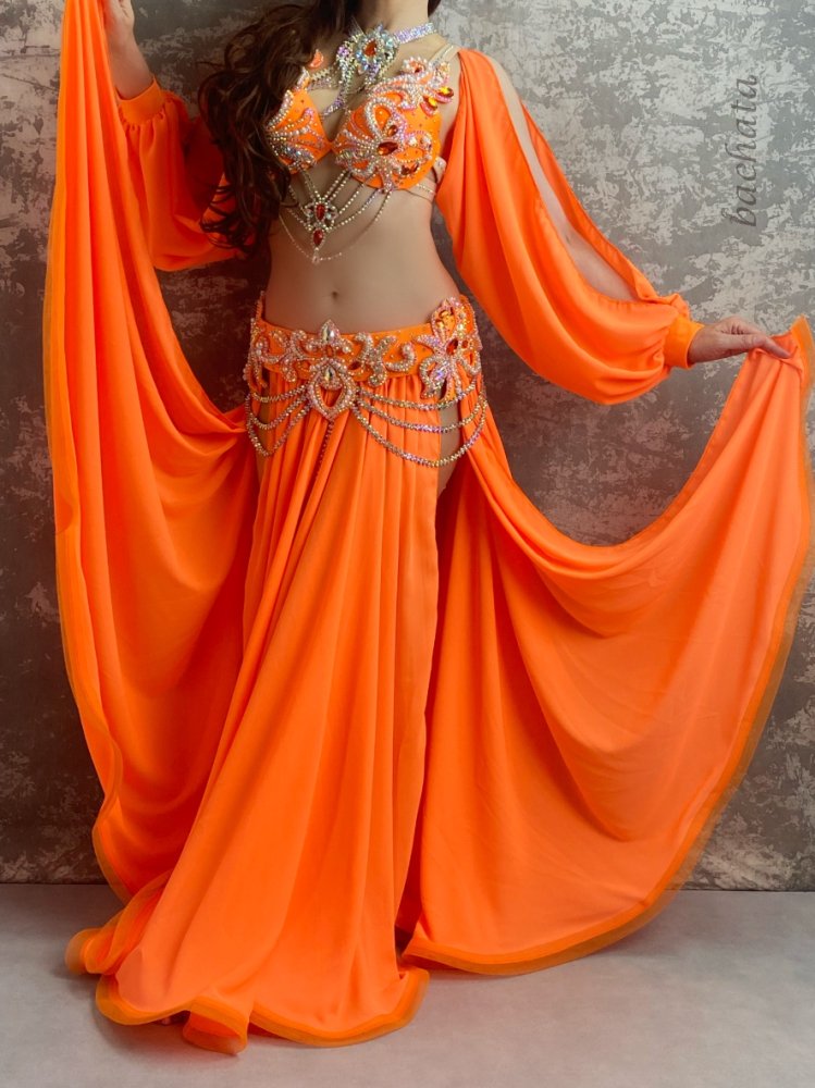 トルコ製 ベリーダンス衣装 オレンジ 3点セット
