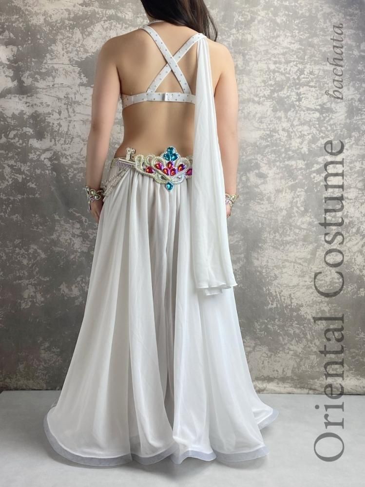 ベリーダンス衣装 ホワイト/マスタードCT0413 (M-L) - bachata