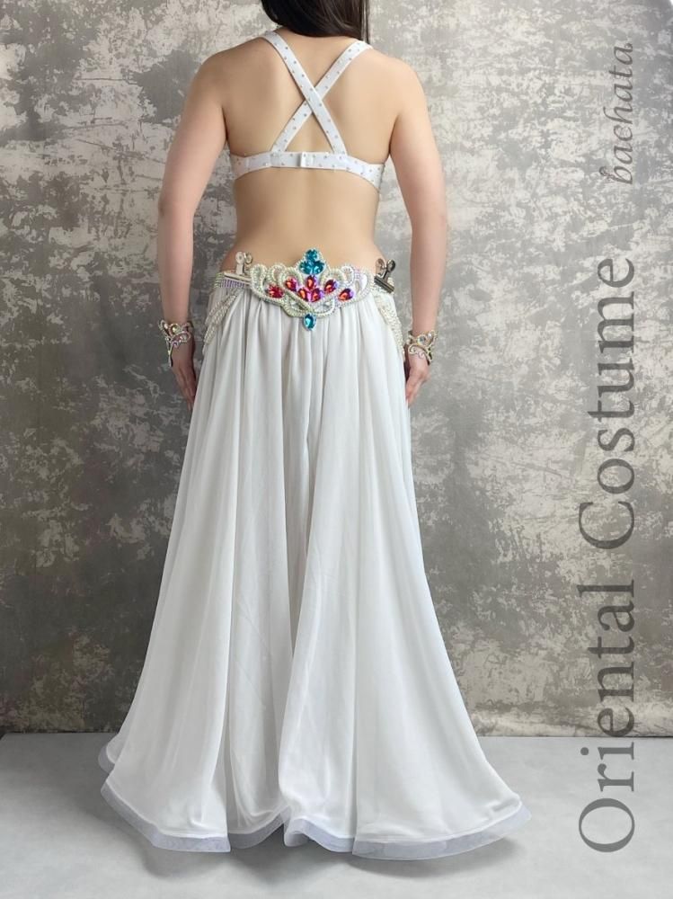 【ベリーダンス用オリエンタル衣装】ホワイト ラインストーン コイン ラメ 真っ白 ベリーダンス衣装オリエンタルコスチューム(ホワイト)【送料無料