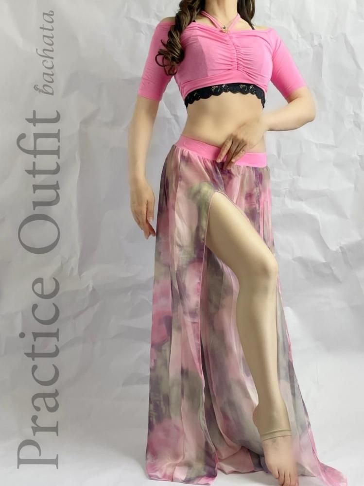 ベリーダンス レッスン着 ピンク花柄 トップ＆パンツセット