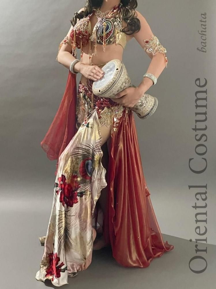 ベリーダンス衣装 Hoyda 朱色 ピーコック柄 CT0231 (M-L)