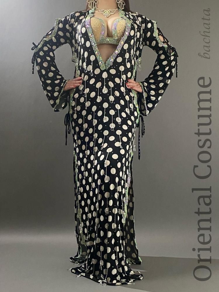 ベリーダンス衣装 Yasser ブラックドット ワンピース CT0300 (XXL