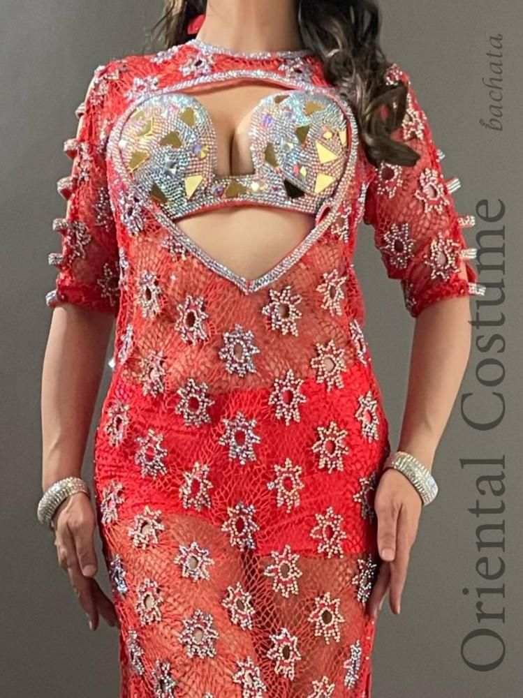 ベリーダンス衣装 Yasser 珊瑚珠色 メッシュワンピース CT0301