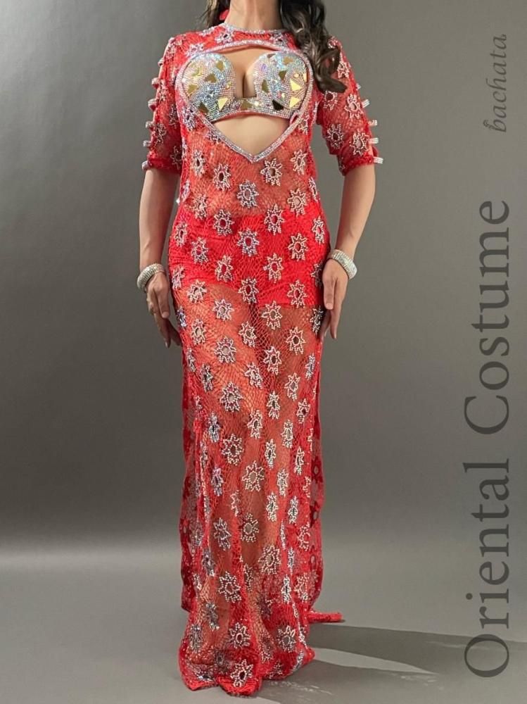 ベリーダンス衣装 Yasser 珊瑚珠色 メッシュワンピース CT0301