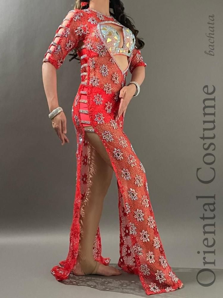 ベリーダンス衣装 Yasser 珊瑚珠色 メッシュワンピース CT0301