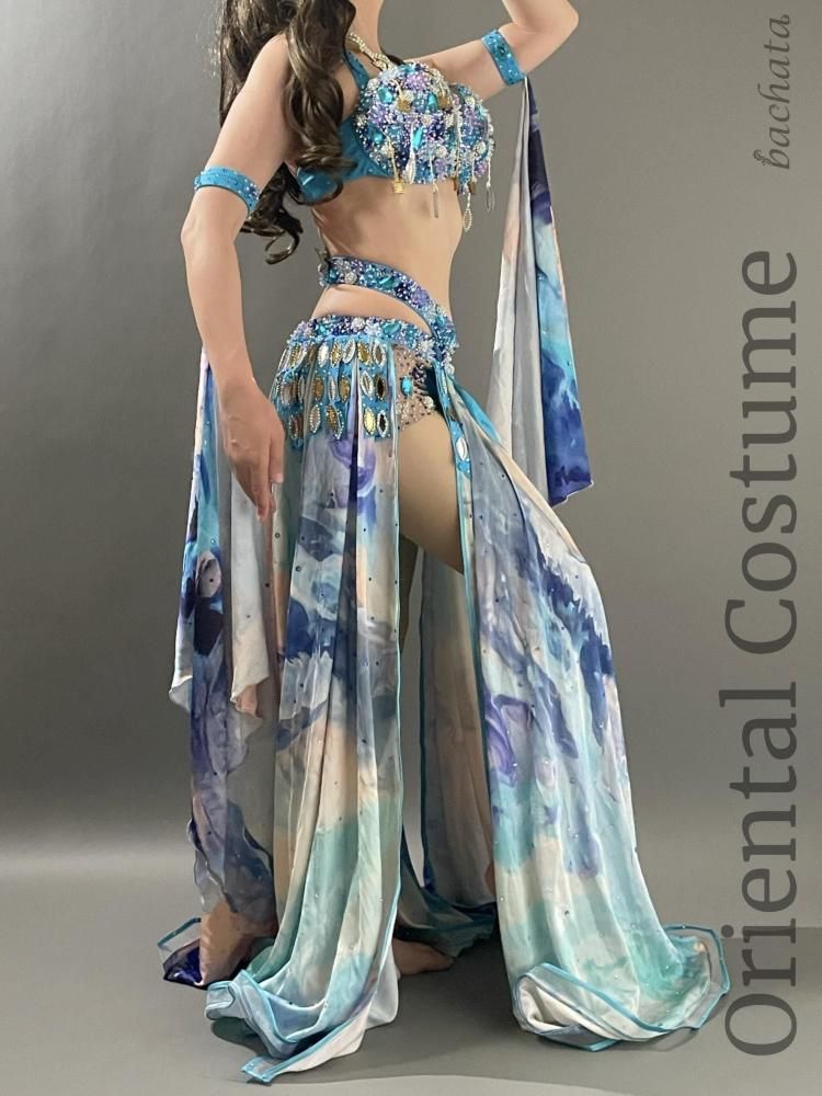 ベリーダンス衣装ターコイズブルーの2点セットAida Nour)バラディ ベリーダンス衣装 Yasser ブルー マーブル CT0296 (L