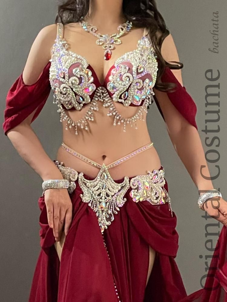 美品◯ベリーダンス オリエンタル衣装 ワインレッド×ピンク ベリーダンスオリエンタル衣装 レースフリルデザインブラ