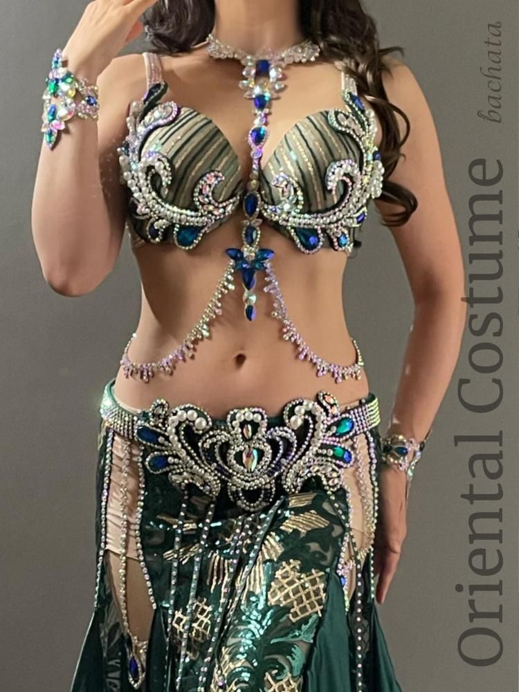 ベリーダンス　オリエンタル衣装　エメラルドブルー ブルー＆グリーン✨オリエンタルベリーダンス衣装