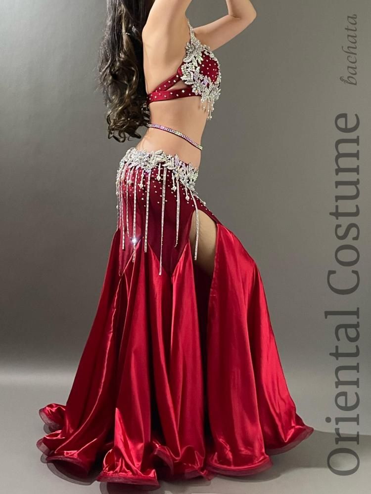 ベリーダンス 衣装 赤 ＸＬ ベリーダンス衣装 臙脂シルバーフラワー (L-XL) CT0440