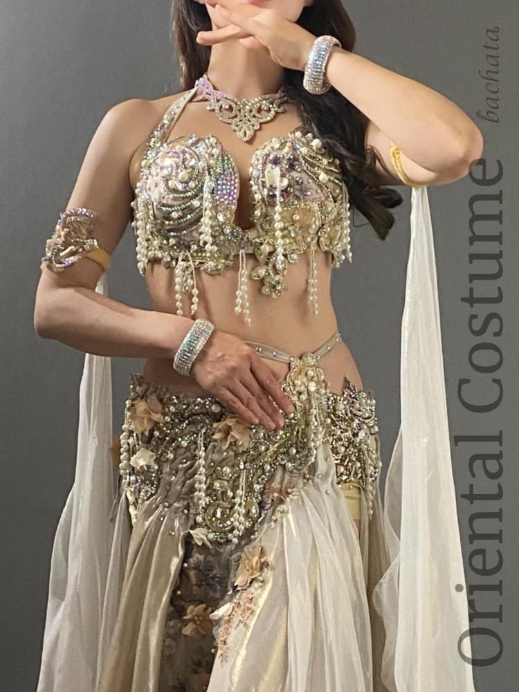 ベリーダンス衣装 Amr シャンパンゴールド＆ホワイト (L) CT0375