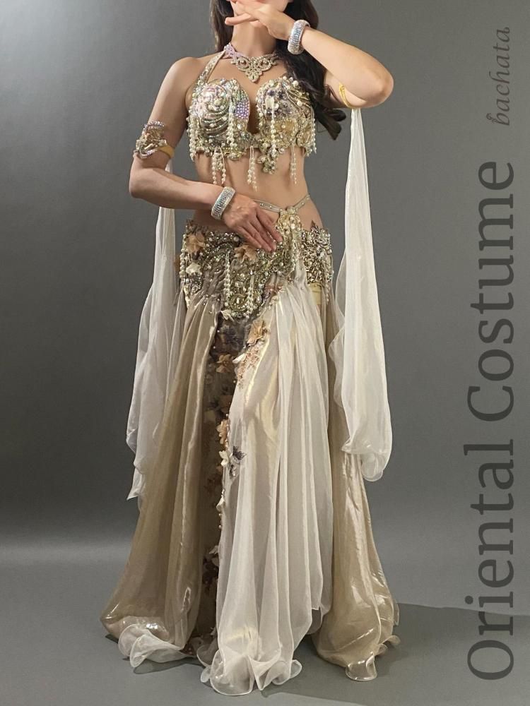 ベリーダンス衣装 Amr シャンパンゴールド＆ホワイト (L) CT0375