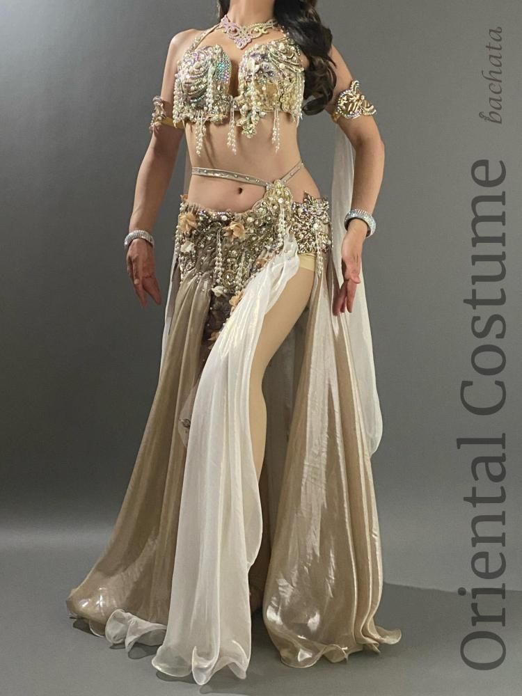 ベリーダンス衣装 Amr シャンパンゴールド＆ホワイト (L) CT0375