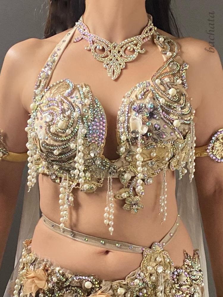 ベリーダンス衣装 Amr シャンパンゴールド＆ホワイト (L) CT0375