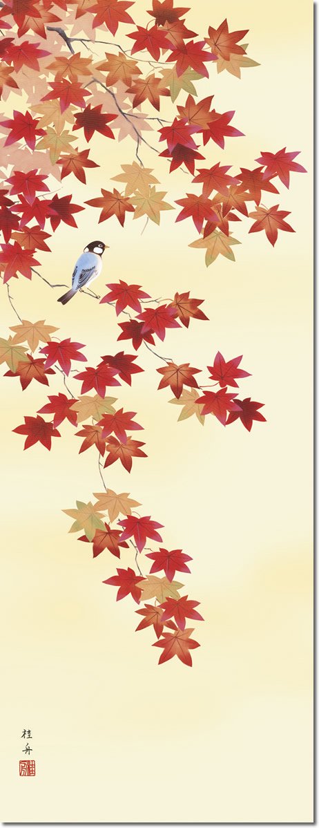 掛軸 掛け軸-紅葉に小鳥[秋]/長江桂舟 花鳥画掛軸送料無料(尺五・桐箱