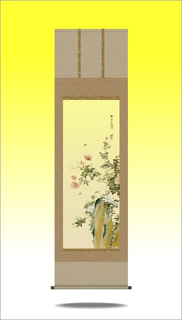 掛け軸-香花岩蜂（複製）／山本梅逸 筆（尺五）花鳥画掛軸・送料無料 