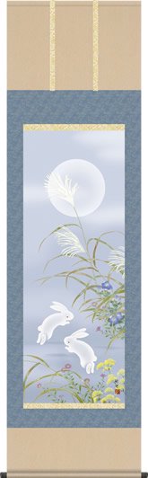 掛け軸-月見兎／田村竹世（尺三・化粧箱・風鎮付き）小さめの花鳥画