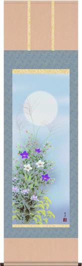 花の掛軸 青緑色 合成] 花緑青