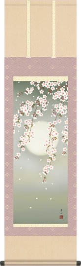 春掛け 掛け軸 夜桜 緒方葉水 尺三 小振り 本表装 床の間 花鳥画 