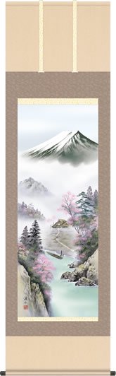 春飾り 富士山水 掛け軸 富士来春 伊藤渓山 尺五 本表装 床の間 山水画