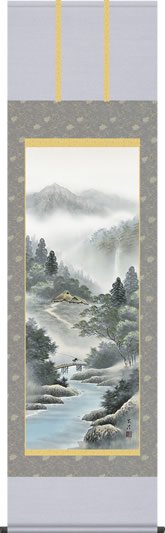 掛け軸-山河望郷／清水玄澄（尺五・桐箱・風鎮付き・緞子）山水画