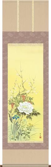 掛け軸 四季花 桐箱付き 掛け軸-四季花／長江桂舟（尺五・桐箱・風鎮付き・緞子）花鳥画