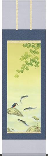 む*つ様 長江桂舟【印刷】『菖蒲と翡翠』花鳥図 高精細巧芸画 掛軸2412030 掛け軸-鮎にかわせみ／長江桂舟（尺五・桐箱・風鎮付き・緞子