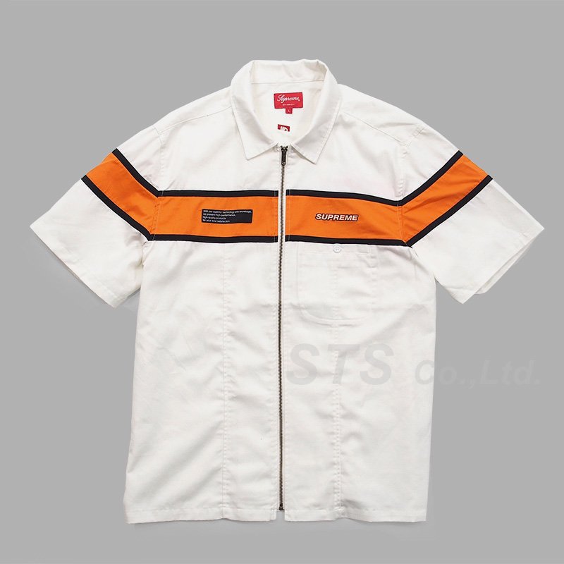 Supreme 2018SS Zip Up Work Shirt シュプリーム ジップアップワークシャツ 半袖シャツ スクリプトロゴ刺繍 サイドライン ホワイト サイズS 【221120】【新古品】【me04】