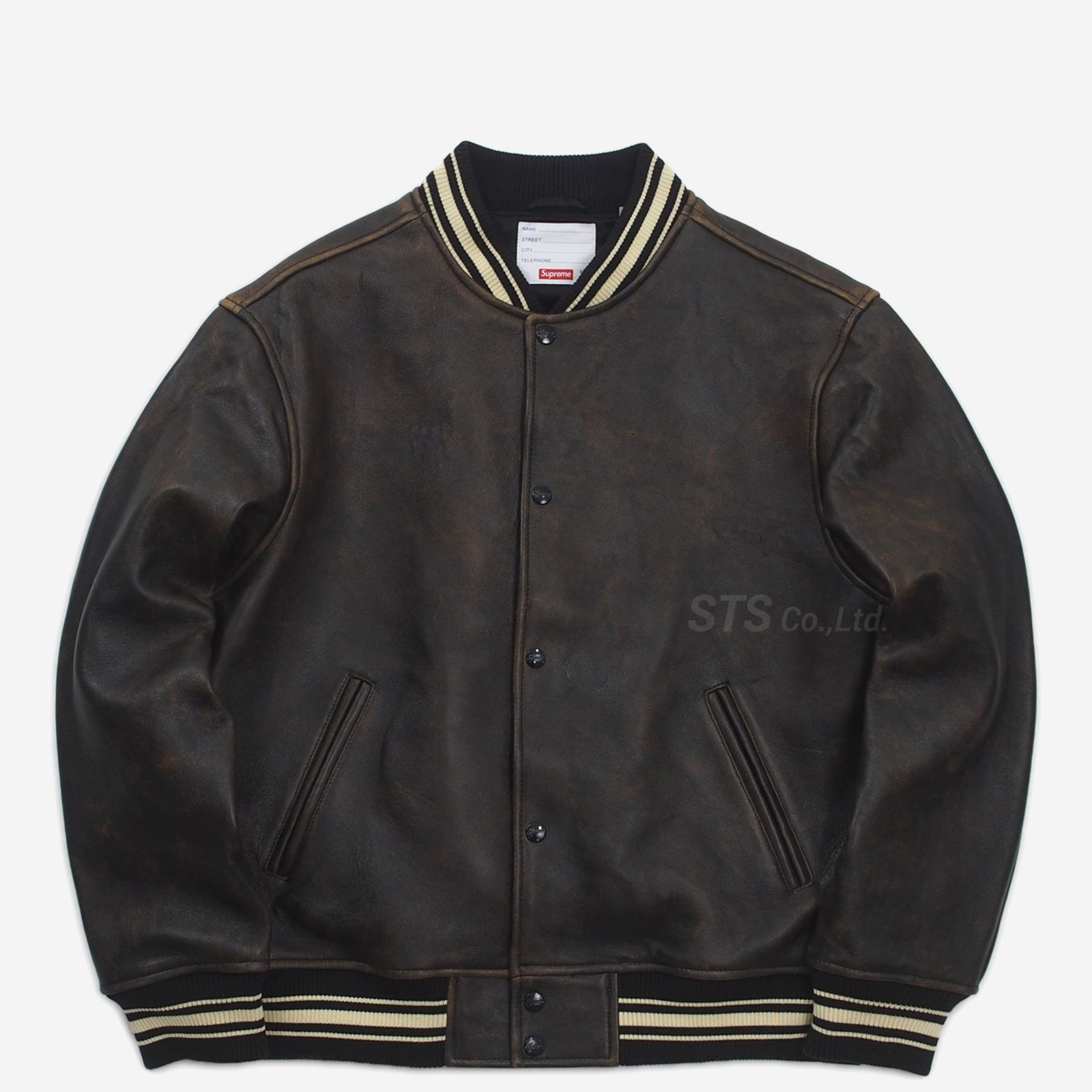 supreme worn leather varsity jacket