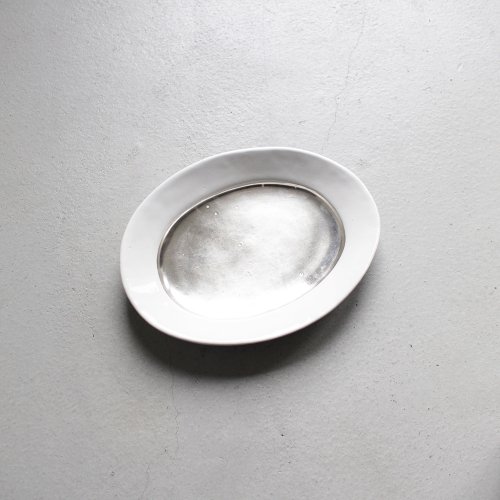 オーバル皿 / 銀彩 _ 切替・White
